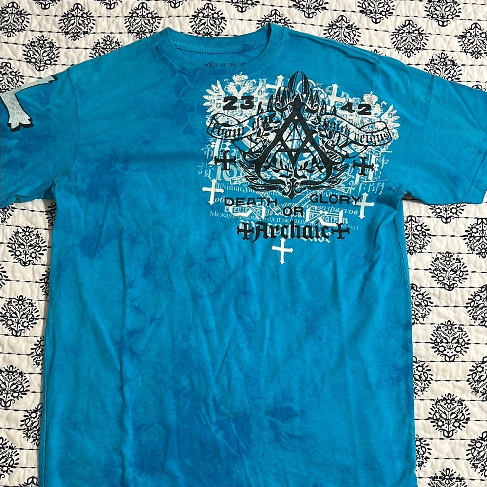 Affliction Blue Short Sleeve Tee with Tribal Design